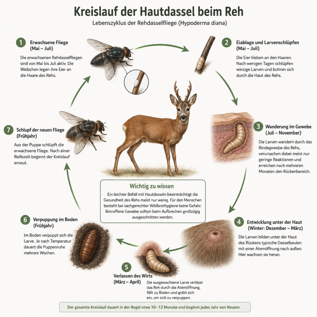 Schematische Darstellung des Lebenszyklus der Rehdasselfliege (Hypoderma diana). Grafik erstellt mit Unterstützung künstlicher Intelligenz (OpenAI ChatGPT/DALL·E) nach fachlichen Vorgaben von Andreas Zingsheim für Eifelforsten.de.